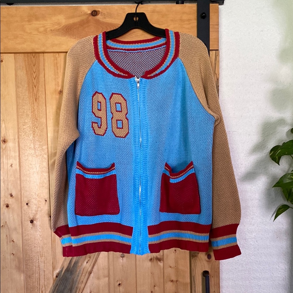 Color Block Varsity Style 98 Knit Sweater Zip Up